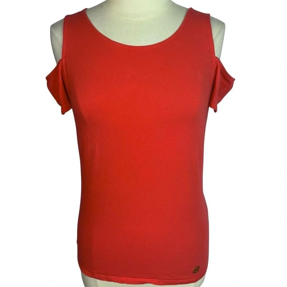 Michael Kors Women's Chili Red Coral Cold Shoulder Short Sleeve Top with Stretch